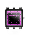 pink carbon fiber analog watch with black dial and white silicone bands