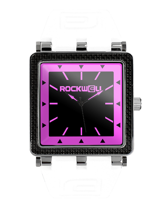 pink carbon fiber analog watch with black dial and white silicone bands