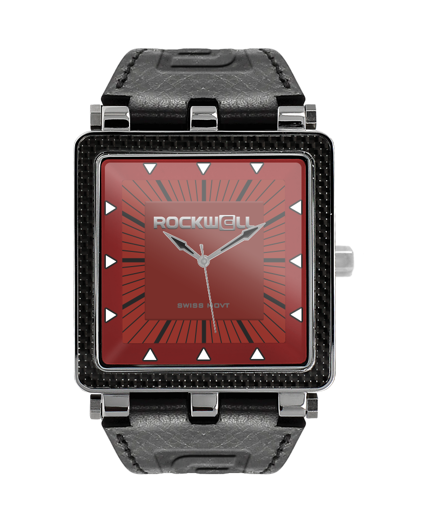 black carbon fiber analog watch with red dial and black leather bands