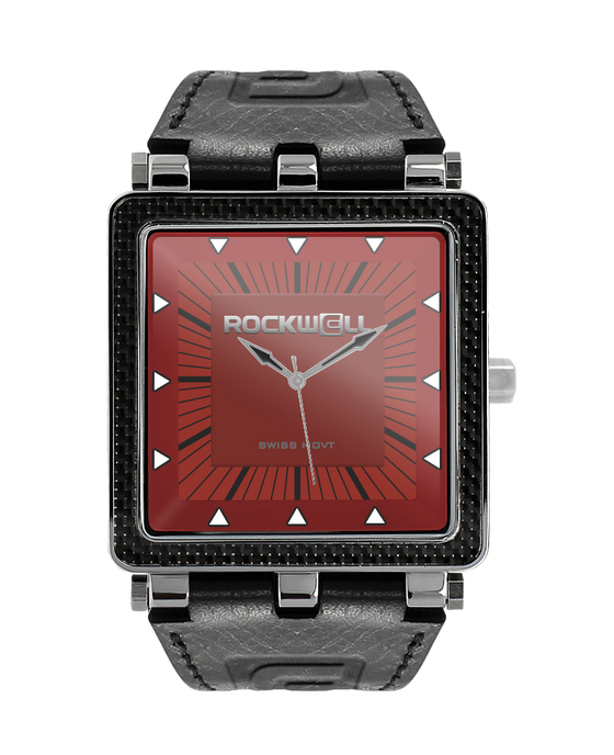 black carbon fiber analog watch with red dial and black leather bands