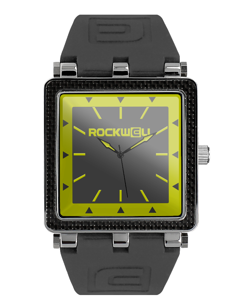gray carbon fiber analog watch with yellow accents