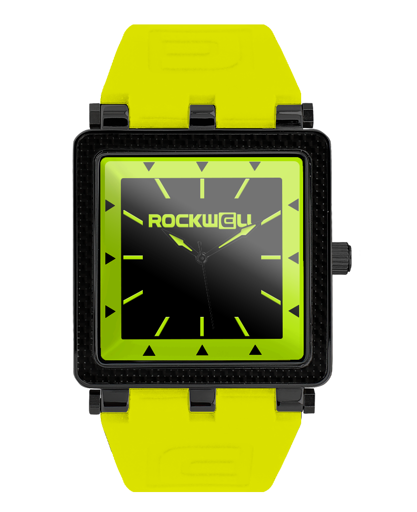 yellow carbon fiber analog watch with black dial and black case