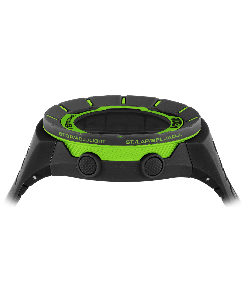 black coliseum digital watch with green accents