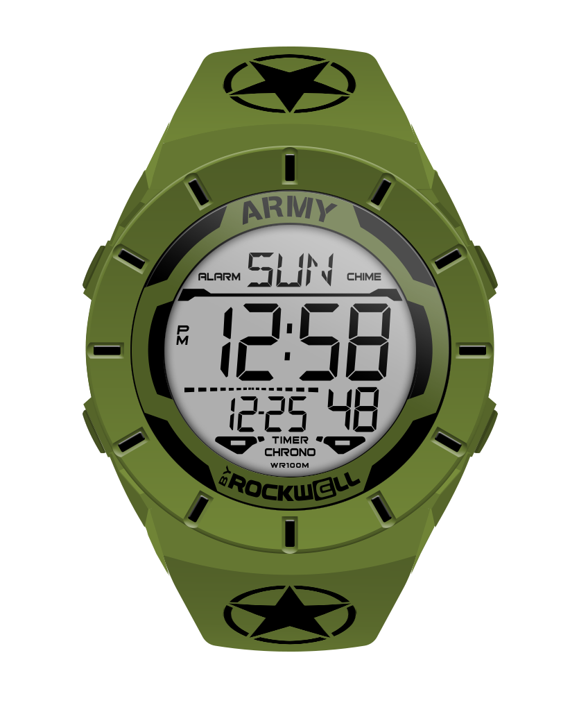 O D green coliseum digital watch with black accents and United States Army bands