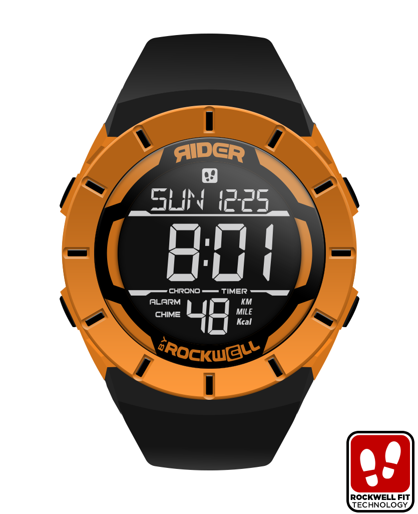 orange coliseum digital watch with black bands and black accents