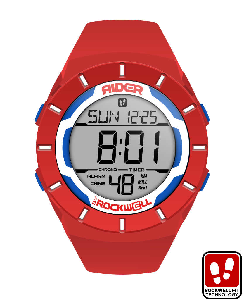 red coliseum digital watch with blue and white accents