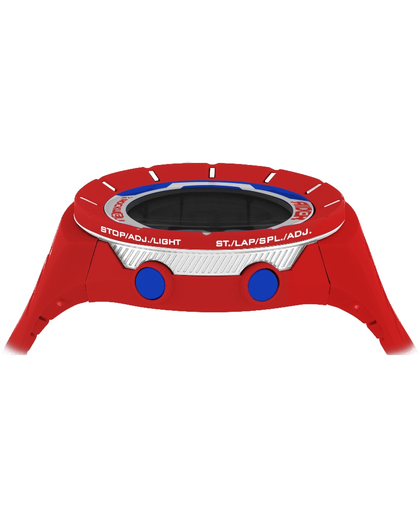 red coliseum digital watch with blue and white accents