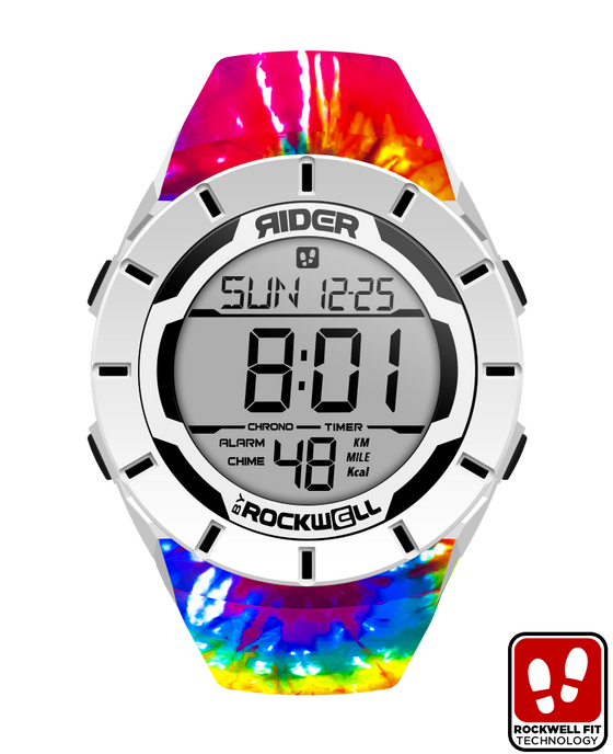 white coliseum digital watch with tie-dye bands
