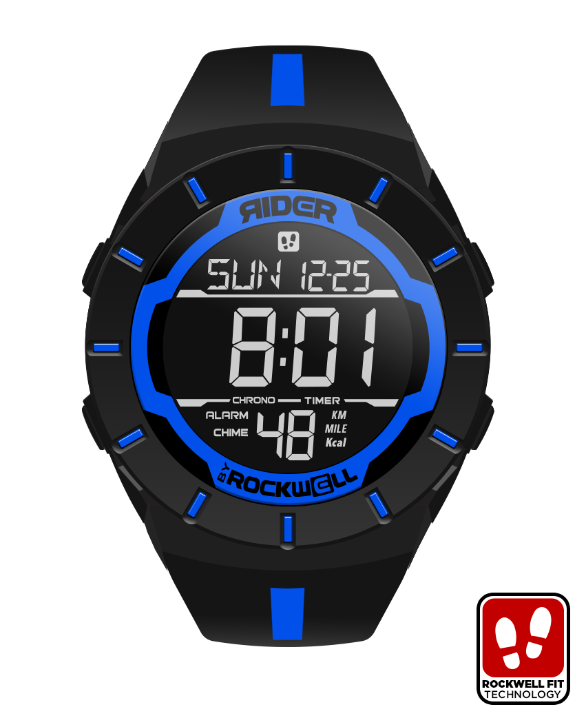 black coliseum digital watch with blue accents and thin blue line bands