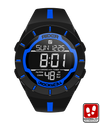 black coliseum digital watch with blue accents and thin blue line bands