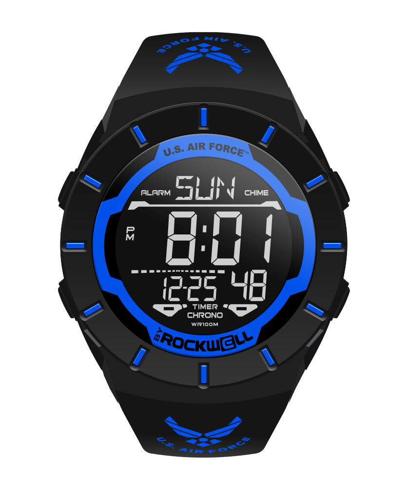 black coliseum digital watch with blue accents and United States Air Force bands