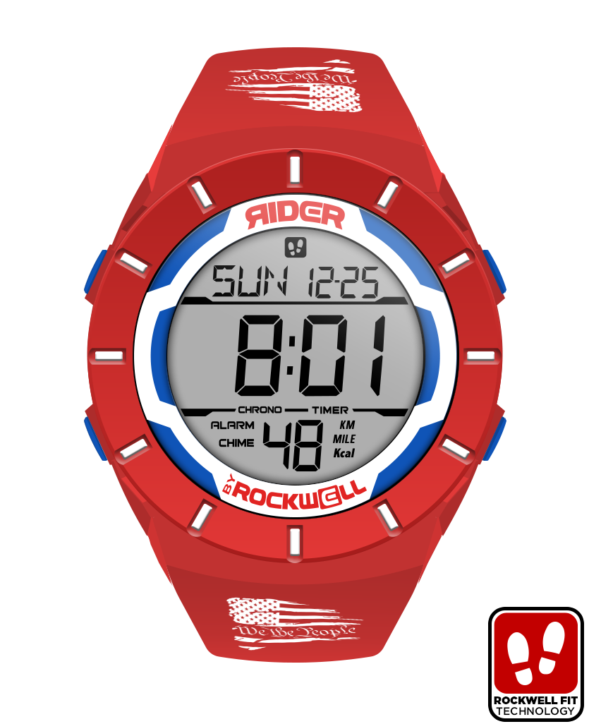 red coliseum digital watch with blue and white accents and we the people flag bands