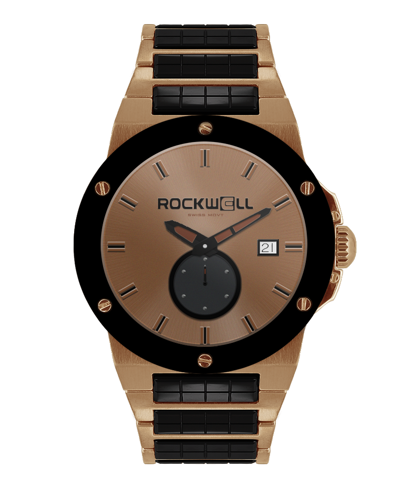 rose gold commander elite analog watch with black ceramic inner links and black accents