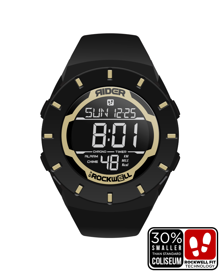 black coliseum forum digital watch with gold accents