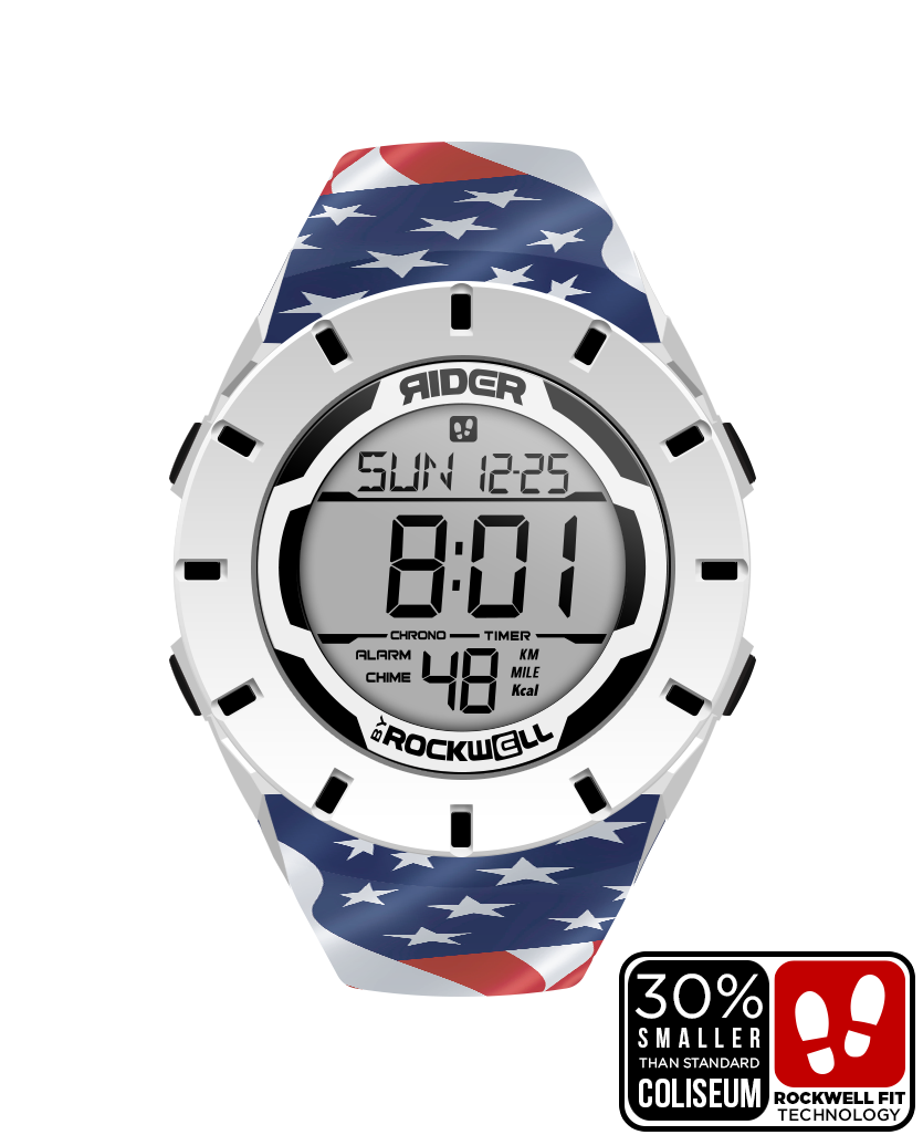 white coliseum forum digital watch with black accents and patriot american flag bands