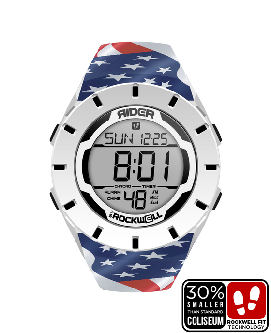 white coliseum forum digital watch with black accents and patriot american flag bands