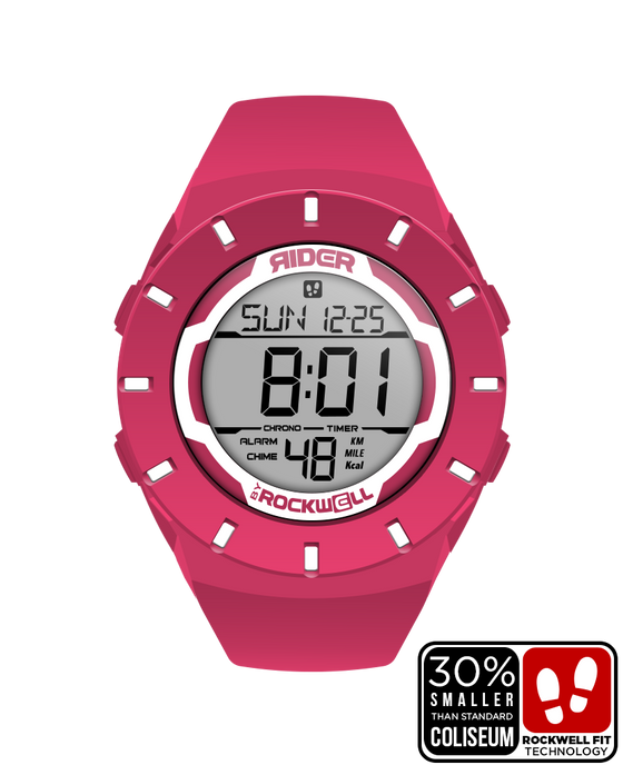 pink coliseum forum digital watch with white accents