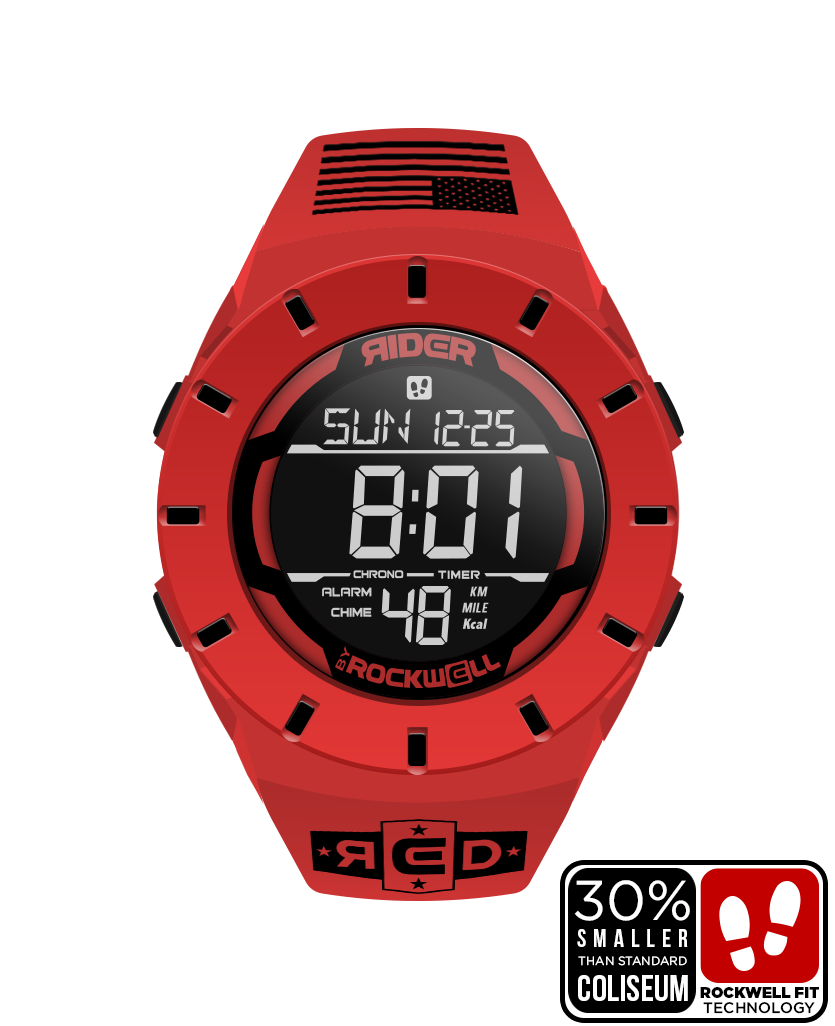 red coliseum forum digital watch with black accents and remember everyone deployed with american flag bands
