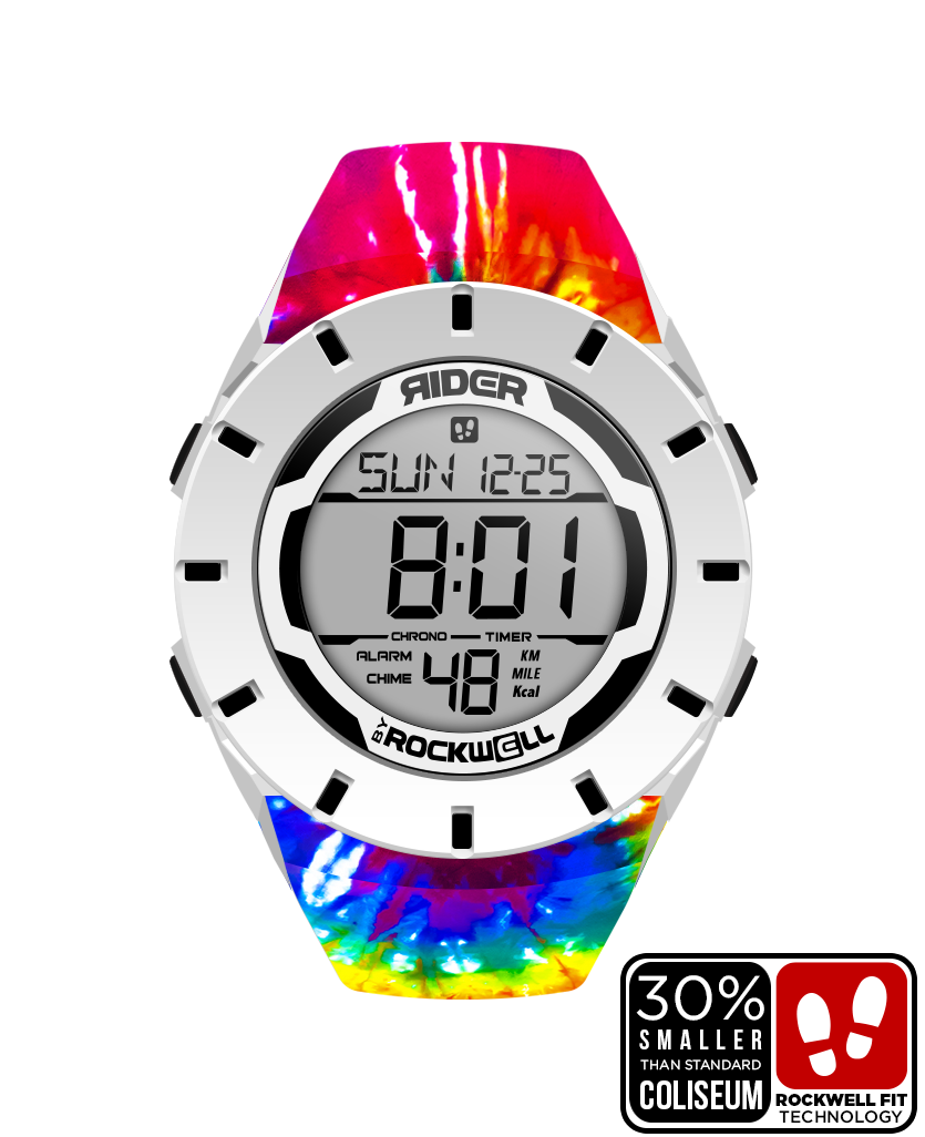 white coliseum forum digital watch with black accents and samadelic edition tie-dye bands