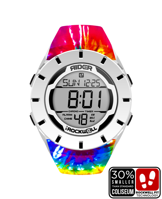 white coliseum forum digital watch with black accents and samadelic edition tie-dye bands