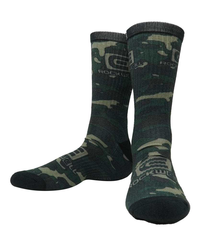Rockwell o g green camo socks. Stacked rockwell logo on top and on the foot 
