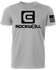 og gray shirt rockwell t shirt. rockwell flag logo on left sleeve