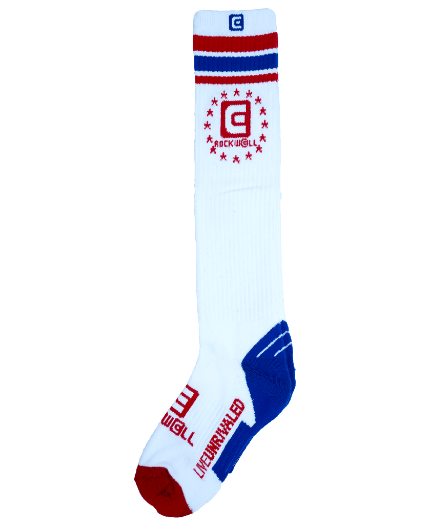 red white and blue old school knee high socks. Rockwell stacked logo on top and on the foot