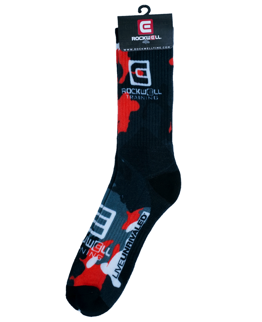 Rockwell Training Camo Socks. rockwell stacked logo on top and on foot