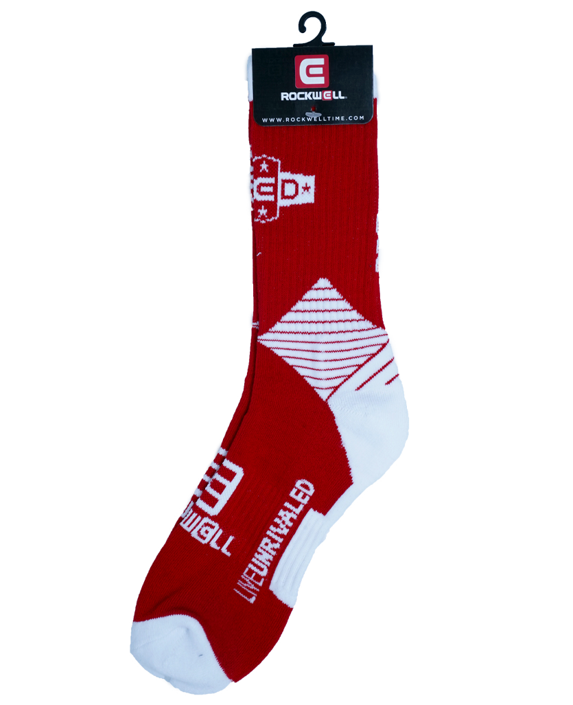 Remember Everyone Deployed Socks. R.e.d logo on top. rockwell stacked logo on foot