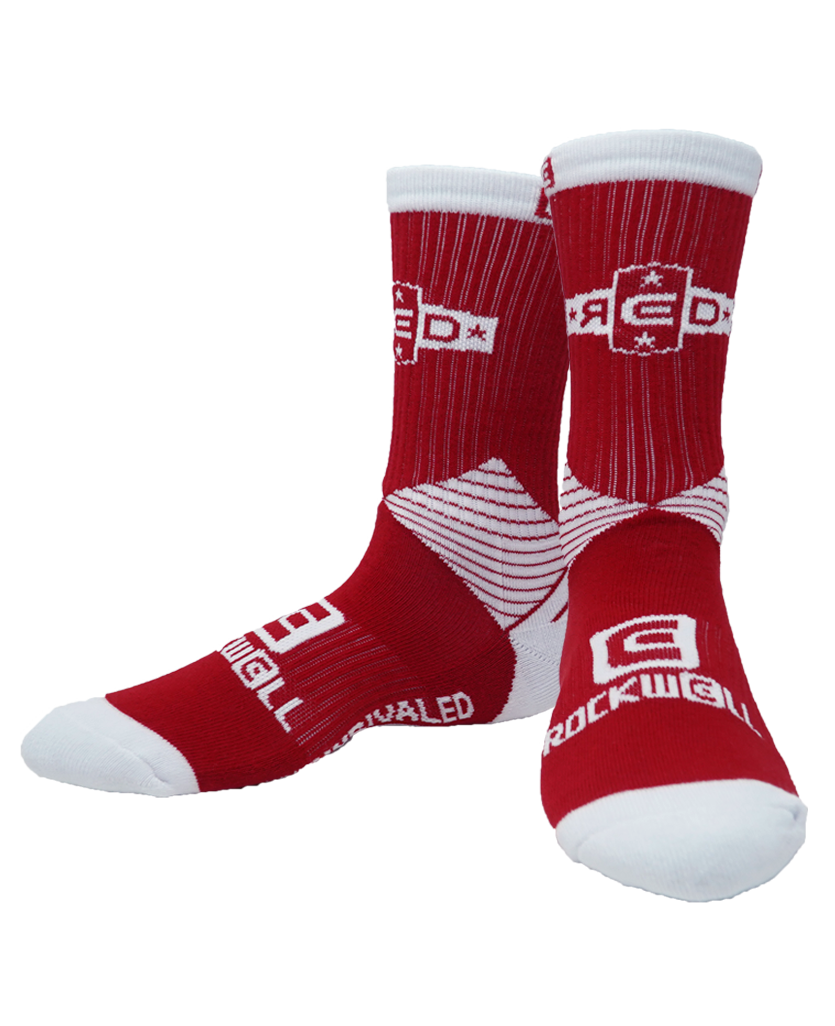 Remember Everyone Deployed Socks. R.e.d logo on top. rockwell stacked logo on foot