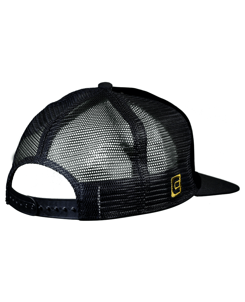 back of Snapback Trucker Hat Black/Gold Royal Logo mesh back