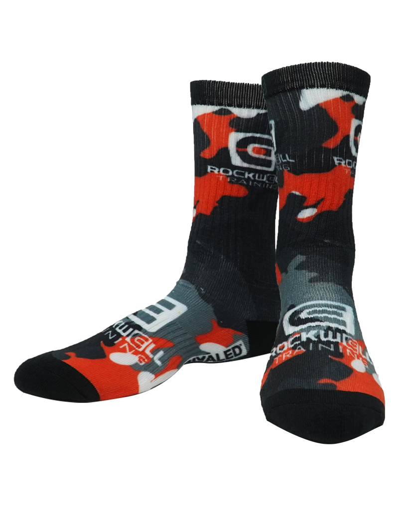 Rockwell Training Camo Socks. rockwell stacked logo on top and on foot
