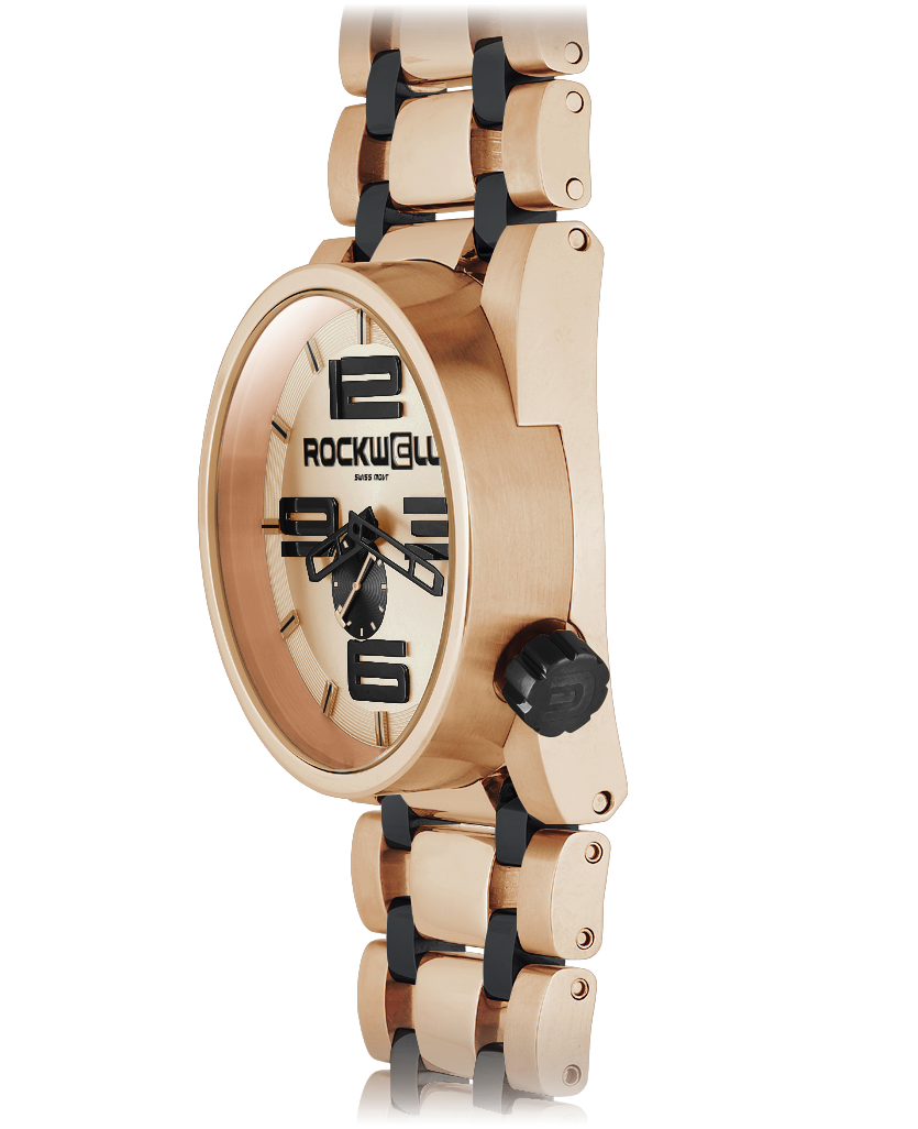 Rose Gold 50 round analog watch with black accents and black ceramic inner links