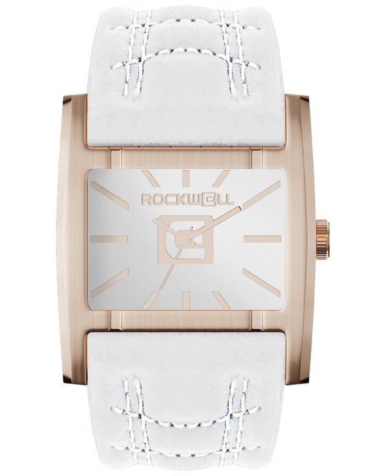Rose gold and white apostle analog watch with white leather bands