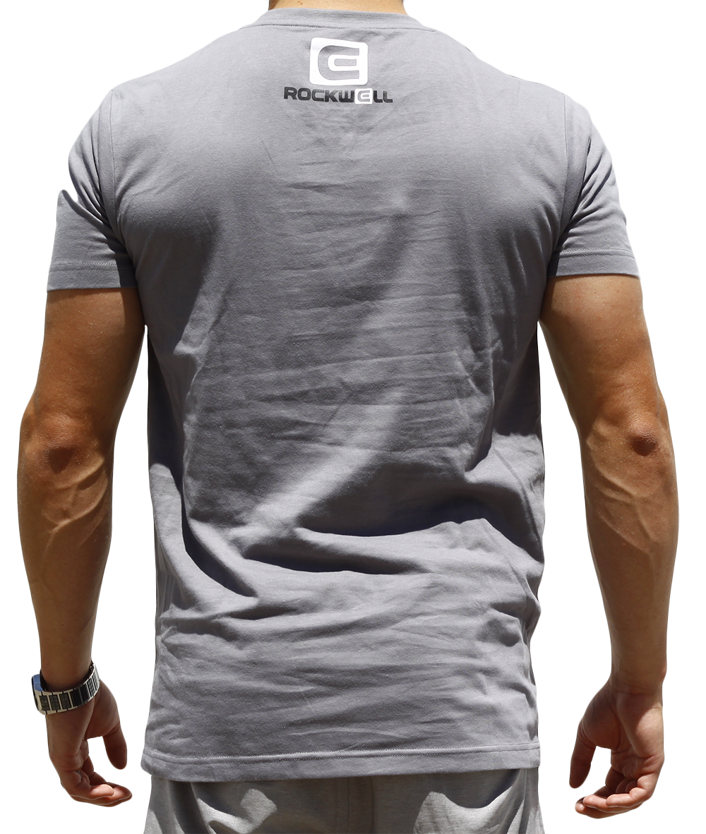 back of man wearing Men's FlyTime V-Neck. rockwell stacked logo on the top