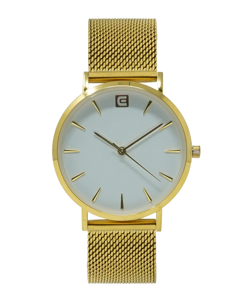 gold voyager analog watch with white dial