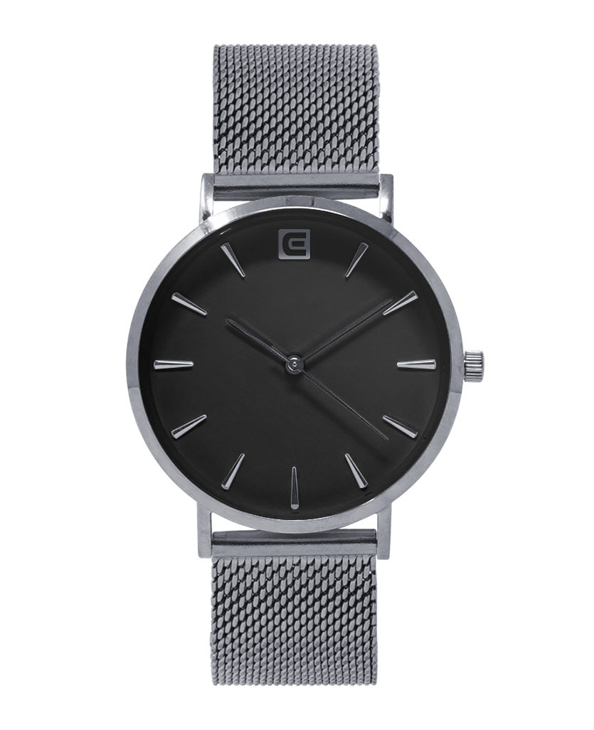 silver voyager analog watch with black dial