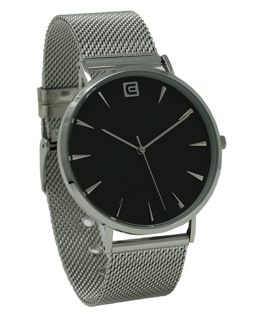 The Voyager - Silver Mesh band with black dial watch