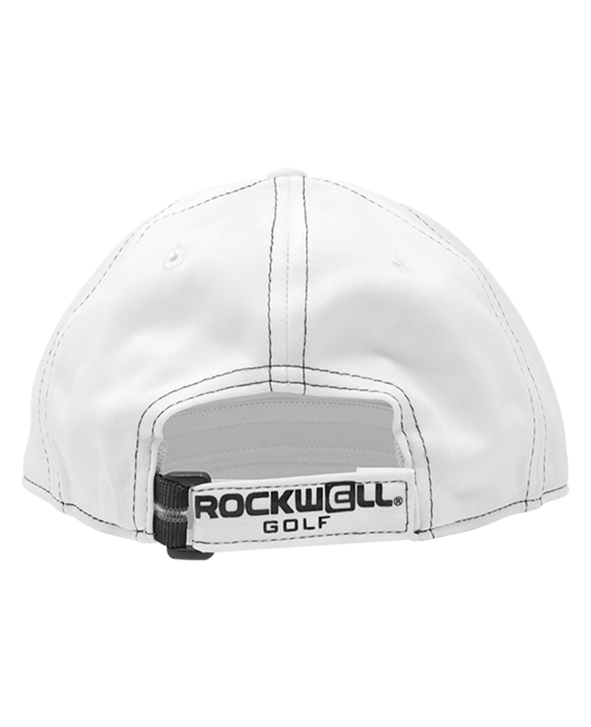 back of white golf hat with rockwell e logo on the bill