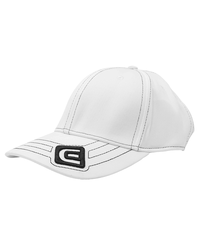 white golf hat with rockwell e logo on the bill
