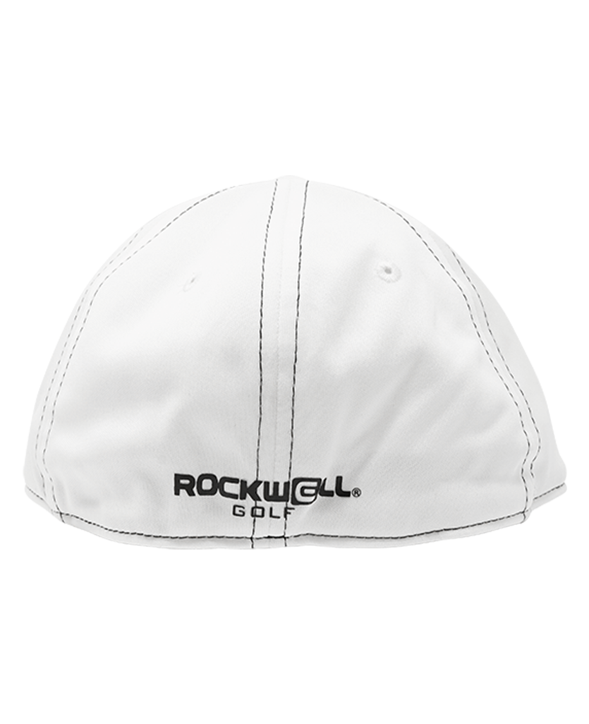 back of white golf hat with rockwell golf logo on the bottom 