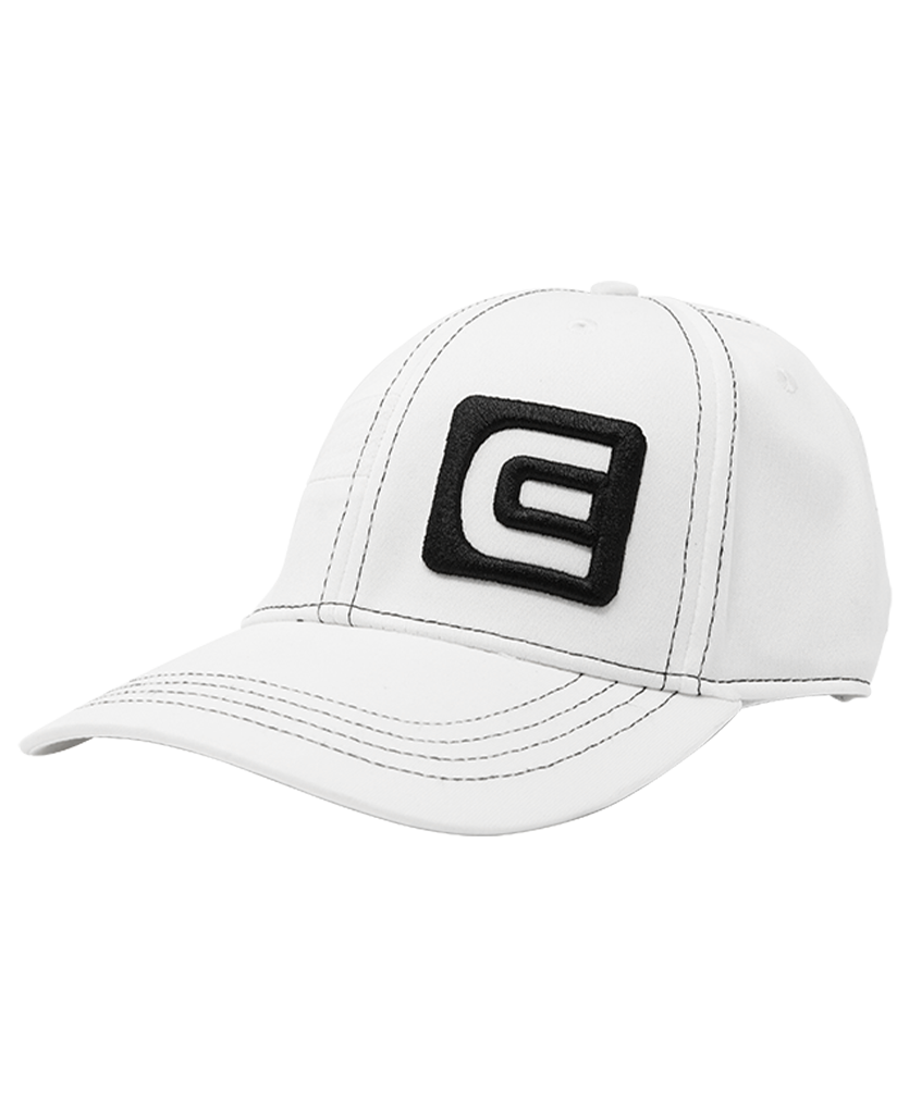 white golf hat with rockwell e logo 