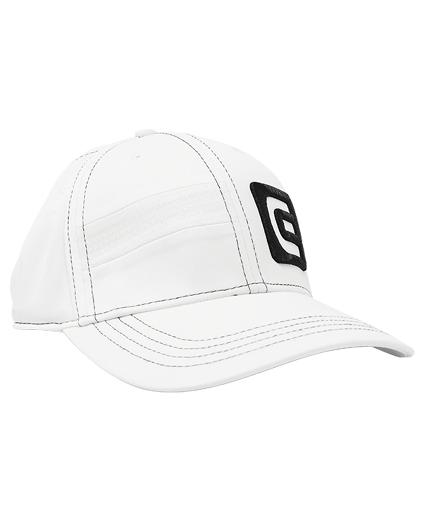 white rockwell golf hat with rockwell e logo 