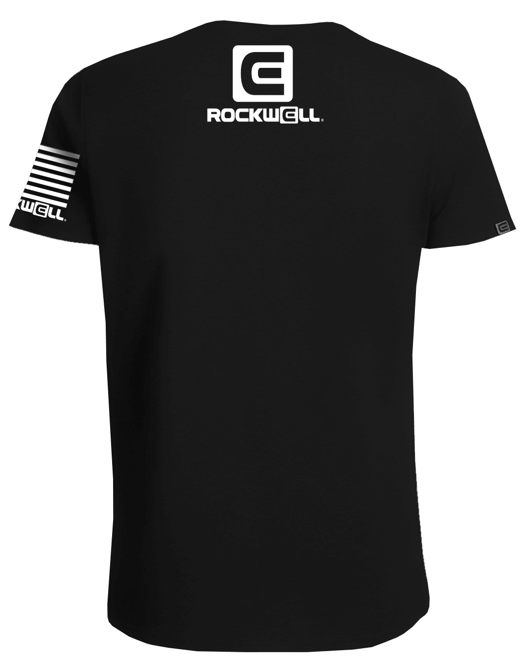 rockwell stacked logo on top of the back. rockwell flag logo on the sleeve 